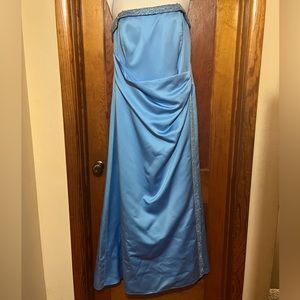 Blue Strapless Satin Formal Dress with Beading detail